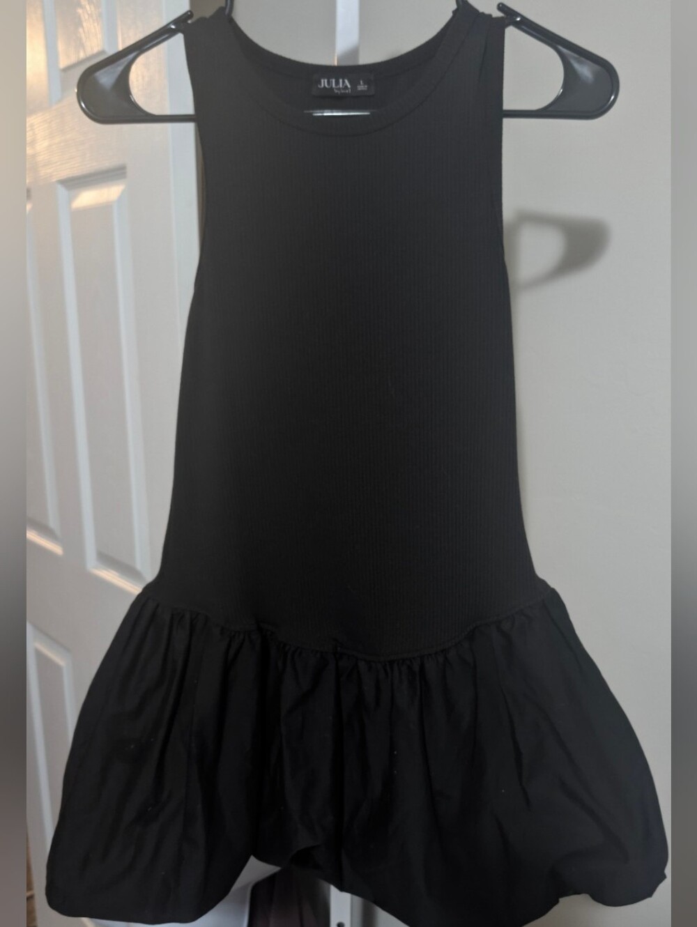 JULIA by Love J Black Ribbed Drop Waist Ruffle Mini Dress Women's Large Cocktail